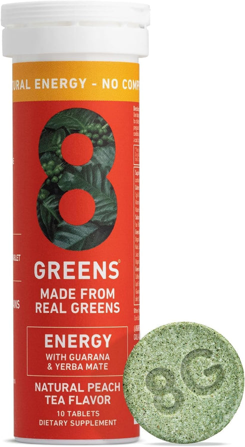 8Greens Daily Greens Energy Effervescent Tablets - Natural Energy Boost with Guarana & Yerba Mate, Peach Flavor