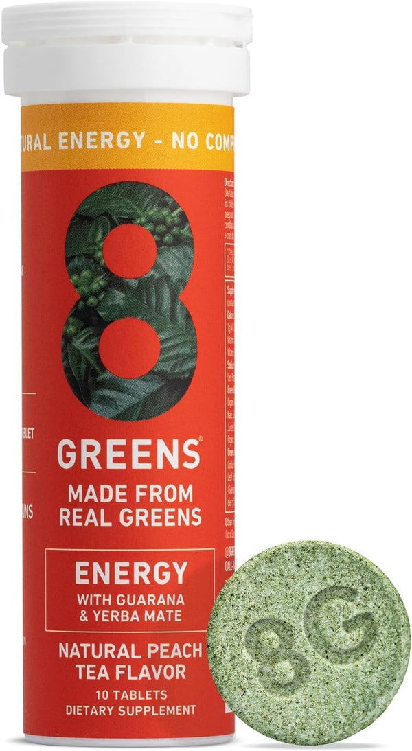 8Greens Daily Greens Energy Effervescent Tablets - Natural Energy Boost with Guarana & Yerba Mate, Peach Flavor