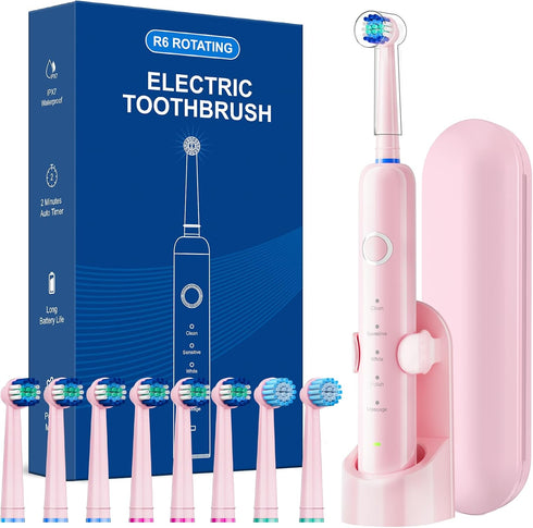 MCUDKIK Rotating Electric Toothbrush for Adults, 8 Brush Heads (2 Types) & Travel