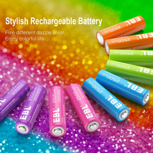 EBL AA Rechargeable Batteries 2500mAh (10 Pack - 5 Colors) Pre-Charged 1.2V NiMH Double A Battery