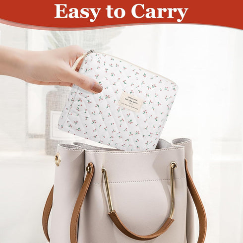 Makeup Bag Quilted Floral Cosmetic Bag for Women - Cute Cotton Travel Toiletry Organizer (White Cherry)