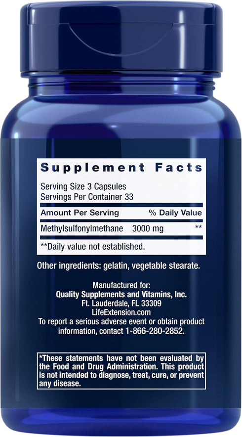 Life Extension MSM, 1000 mg, methylsulfonylmethane, supports healthy joints, helps relieve muscle and joint discomfort, antioxidant support, gluten-free, non-GMO, 100 capsules