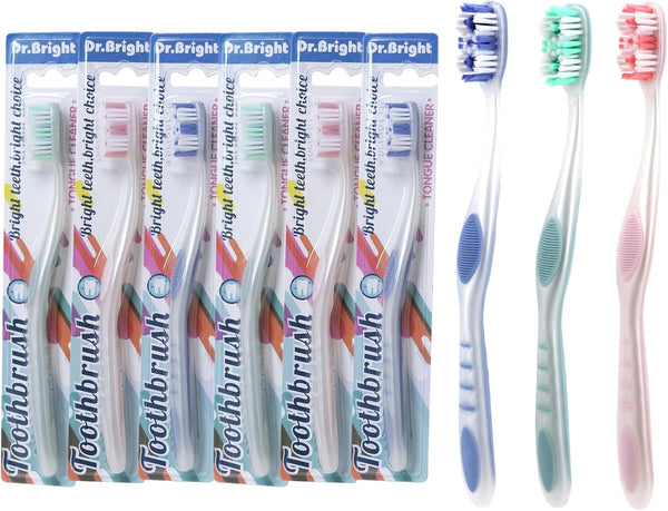 DR.BRIGHT Medium Toothbrush for Adults, Ergonomic Handle, Tongue Cleanser, Pack of 6 Assorted Colors