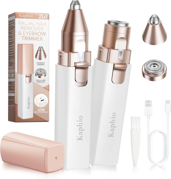 Rechargeable Facial Eyebrow Hair Remover for Women, 2 in 1 Electric Trimmer and Shaver with Light