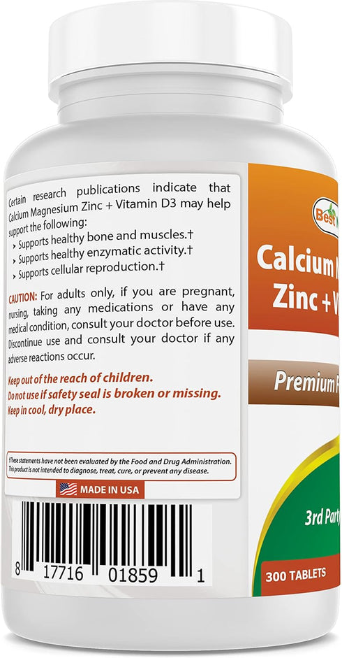 Best Naturals Calcium Magnesium Zinc with Vitamin D3, 300 Tablets, 1000 mg Calcium, 400 mg Magnesium