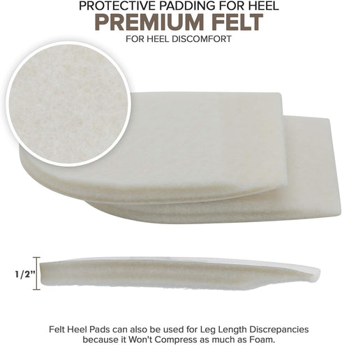 Felt Heel Cushion Pad 1/2" with Adhesive for Pain Relief, 4 Pairs (8 Pieces)