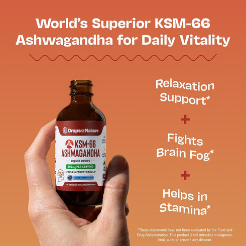 KSM-66 60ml) Ashwagandha Liquid Drops Vegan, GMO Free & Fast Absorbing Form Ashwagandha Supplements for Daily Wellness