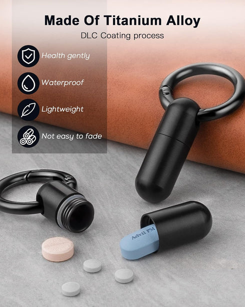 TISUR Tiny Keychain Pill Holder, Waterproof Titanium Pill Case for Travel Purse Pocket, Mini Organizer Black