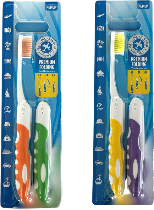 4 Pack Comfort Hold Travel Toothbrush, Folding Medium Bristle Brushes, Compact Size, TSA Approved