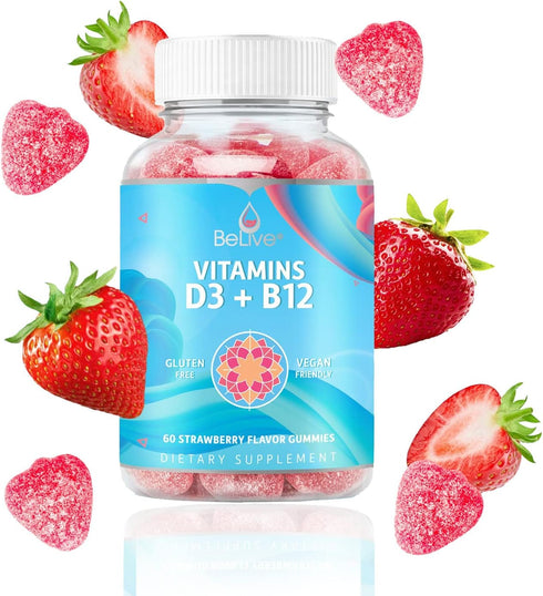 BeLive Vitamin D3 Gummies with B12 - 60 Ct Immune Support, Strawberry Flavor for Bone & Muscle Strength