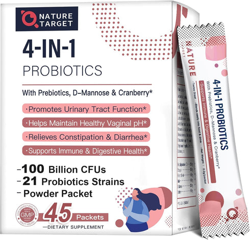 NATURE TARGET Probiotics-for-Women Powder, 100-Billion-CFUs, 45-Day-Supply, with D-Mannose and Cranberry