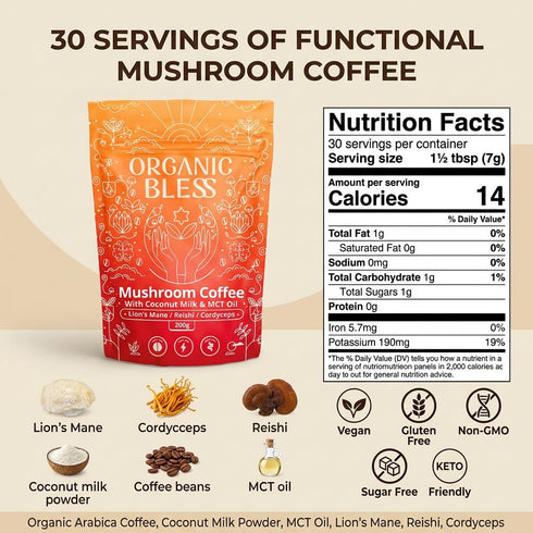 Organic Bless 30 Instant Mushroom Coffee Powder Organic Lions Mane, Reishi & Cordyceps Blend for Energy, Focus
