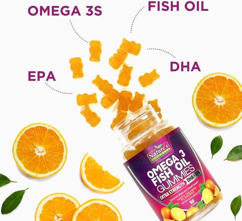 Omega 3 Fish Oil Gummies - 60 Gummies - Extra Strength for Joint, Heart & Brain Support - Orange Flavor