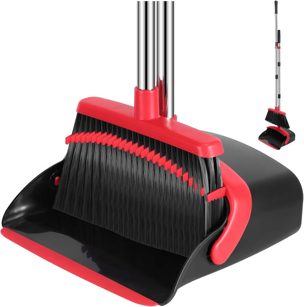 Broom and Dustpan Set, 52-in Long Adjustable Handle Broom with Dustpan Teeth for Home Kitchen Office Floor (Black&Red)