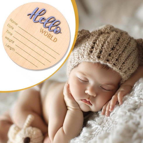 NQEUEPN 5.9 Inch/15cm Newborn Announcement Sign, Wooden Hello World Plaques Baby Welcome Sign Birth Newborn Name