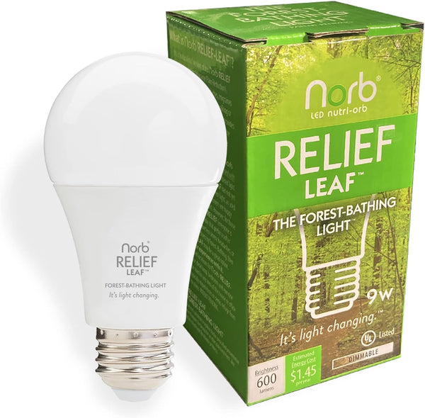 NorbRELIEF Leaf - Soft Green Forest Bathing LED Light Bulb for Meditation, Migraine, Pain Relief, A19 Standard Base