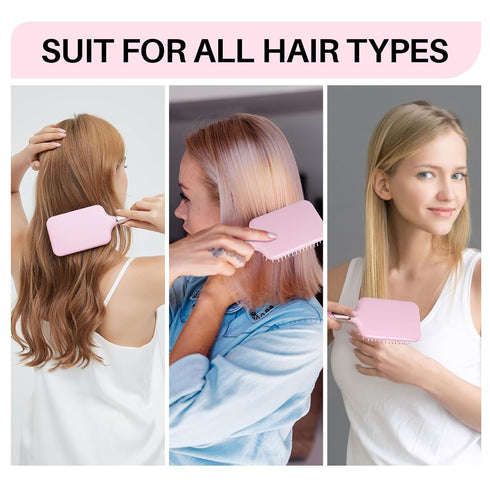 RHOS Paddle Brush for Women & Men, Detangler for Thick Curly Hair, Square Cushion Brush, 1 Pack - Pink