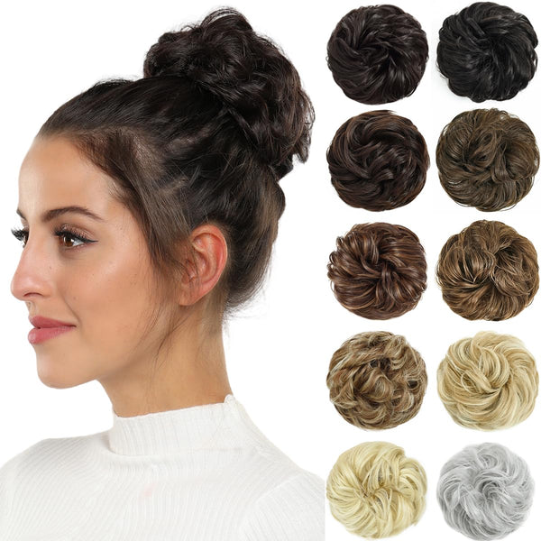 Messy Bun Hair Pieces for Women - Rose Bud Updo Curly Extension Scrunchie Darkest Brown Tend to Black