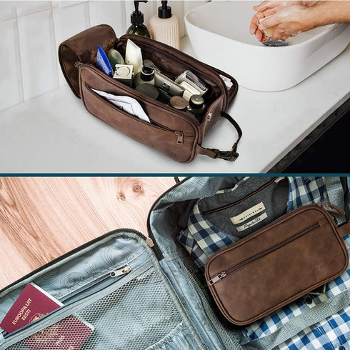 PAVILIA Toiletry Bag for Men, Dark Brown Travel Essentials Shaving Dopp Kit, Organizer Case for Grooming