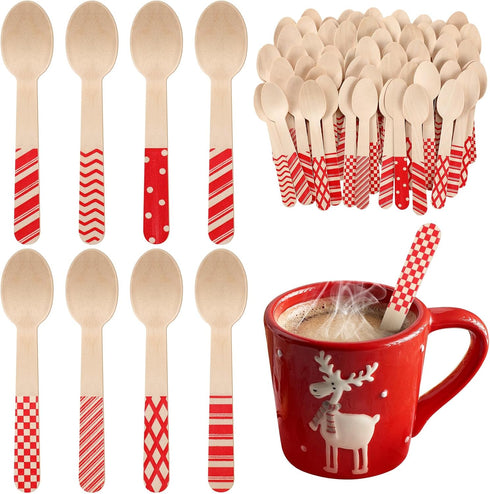 Uiifan 120 Pcs Christmas Disposable Wooden Spoons, 5.5 Inches Striped Candy Cane Patterns for Tasting