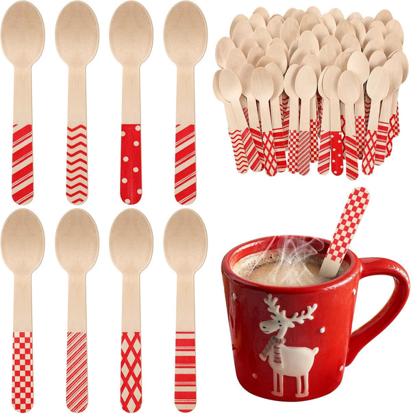 Uiifan 120 Pcs Christmas Disposable Wooden Spoons, 5.5 Inches Striped Candy Cane Patterns for Tasting