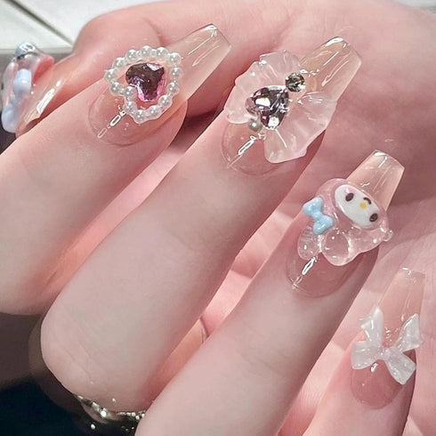 Thick Handmade Gel Press on Nails, Long Square Bling Pearl Cute Bow Rhinestone Kawaii Fake Nails Kit, Size M, 10 Nails