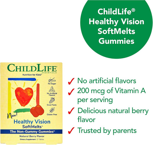 CHILDLIFE ESSENTIALS Healthy Vision SoftMelts, Eye Vitamins for Kids, Lutein Gummies, Great Taste - Natural Berry, 27