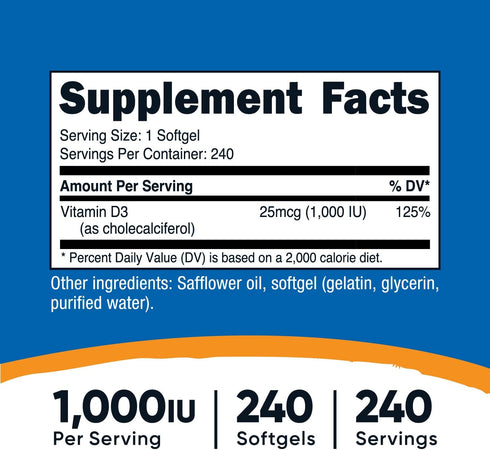 Nutricost Vitamin D3 1000 iu Softgels, 240 Softgels - Non-GMO & Gluten Free