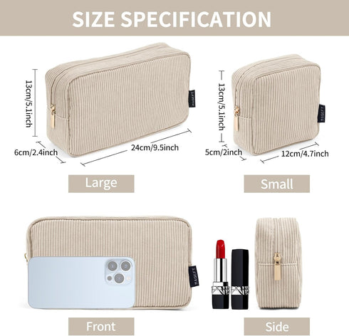 MAGEFY Makeup Bag for Purse, 2 Pcs Corduroy Cosmetic Bag for Girls Women, Small Travel Pouch with Zipper (Beige)