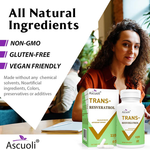 99% Ultra Purity Ascuoli Trans-Resveratrol 1100mg, 3-in-1 Organic Resveratrol Supplement for Antioxidant & Immune