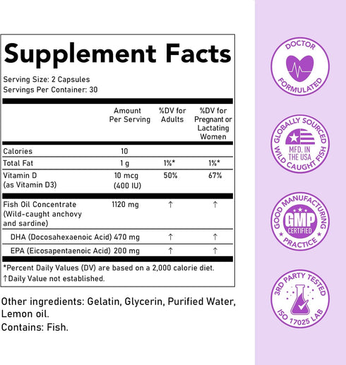Premom Prenatal DHA Fish Oil: Omega 3 with 470mg DHA, 200mg EPA + 400 IU Vit D3 - Fertility Support for Women