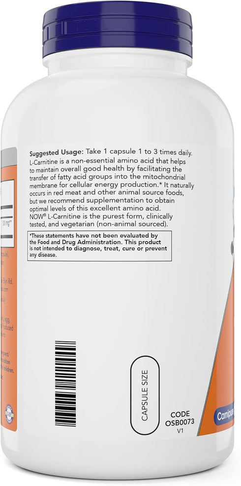 NOW Foods L-Carnitine 500 mg, 240 Veg Caps, Fitness Support, Non-GMO, Vegan/Vegetarian Amino Acid Health Supplement