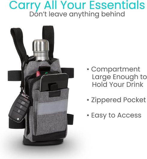 Vive Crutch Accessories Bag - Pouch for Crutches, Accessory Storage Carry Kit with Cup and Bottle Pocket Holder, Gray