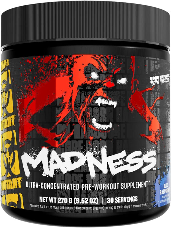 Mutant Madness Pre Workout Powder Supplement - Performance and Pump Blend, 30 Servings, Blue Raspberry