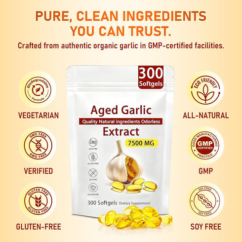 HENGRUNXIN 7500mg Immune 300 Aged Garlic Extract - Odorless Per Servings, Potent Antioxidant Supplement, Support