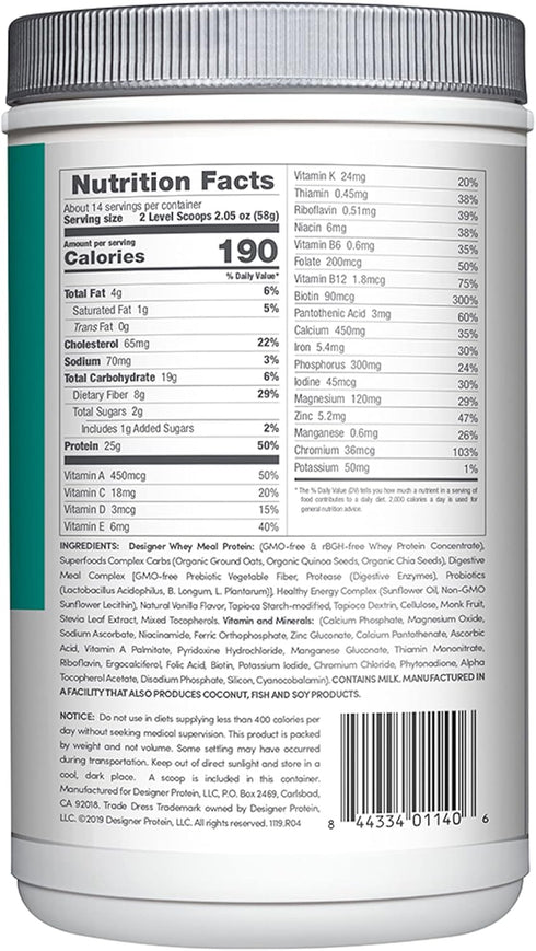 Designer Wellness Whey Protein Meal Replacement Powder, Organic Superfood Complex, Gluten-Free, Vanilla Bean, 1.72 Pound