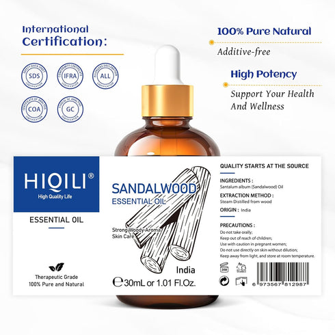 HIQILI Sandalwood Essential Oil 1 Fl Oz, 100% Pure Natural Therapeutic Grade for Skin, Diffuser, Candle Making