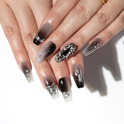 Medium Coffin Press on Nails, Handmade Ombre Black Glitter 3D Chrome False Nails with Glue for Women Girls 10pcs/Box