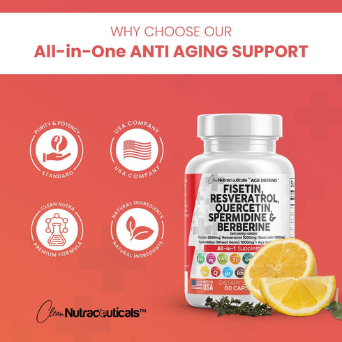 Clean Nutraceuticals Fisetin 2500mg, Quercetin 1000mg, Resveratrol 1000mg, Health Supplement for Longevity