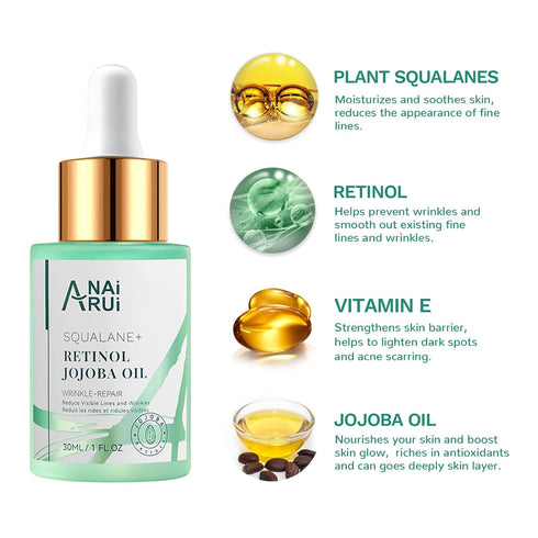 Squalane Retinol Jojoba Oil Moisturizer for Face, Hydrate and Nourish Fine Lines, 1 fl. Oz Wrinkle-Repair Facial Oil