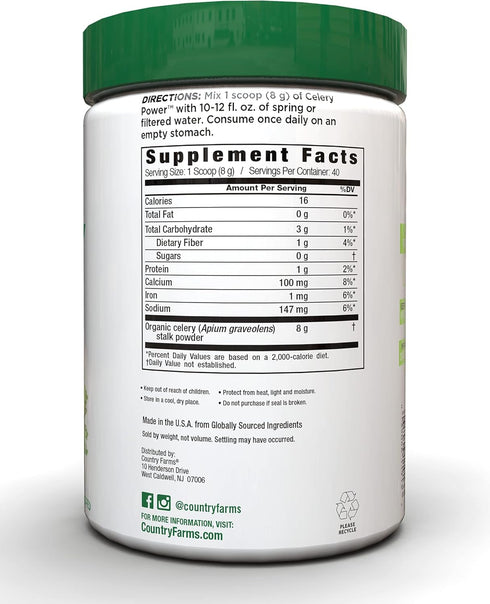 COUNTRY FARMS Super Celery Powder, 100% Celery Powder, Supports Healthy Digestion, Helps Cleanse & Detoxify, Antioxidant Support, 40 Servings, 11.3 Ounce (Pack of 1)