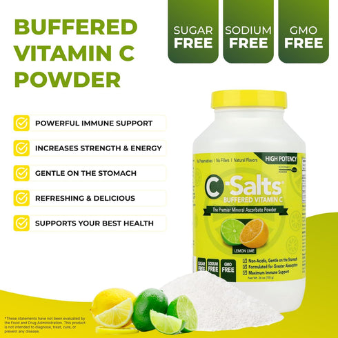 Buffered Vitamin C Powder Supplement, High Absorption Immune Support Drink, Organic, Vegan, Sugar-Free, Lemon Lime 26oz