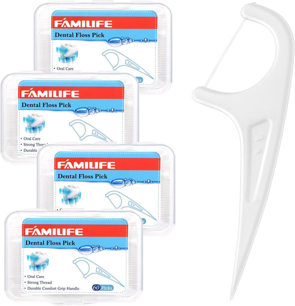 FAMILIFE Floss Picks, 240 Count Unflavored Dental Floss Picks with 4 Travel Handy Cases for Family