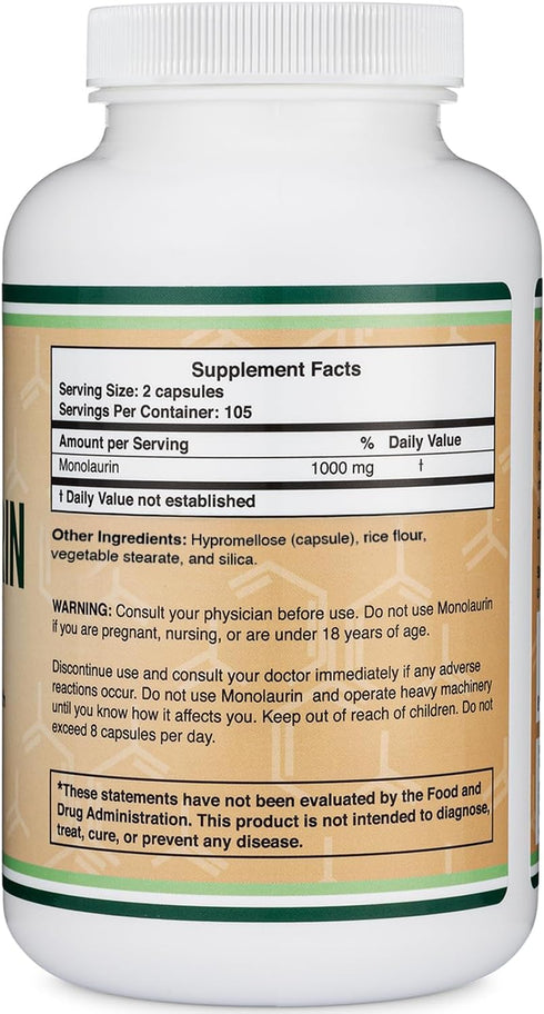 Monolaurin Immune Support Supplement, 1,000mg per Serving, 210 Capsules, Vegan Safe, Non-GMO
