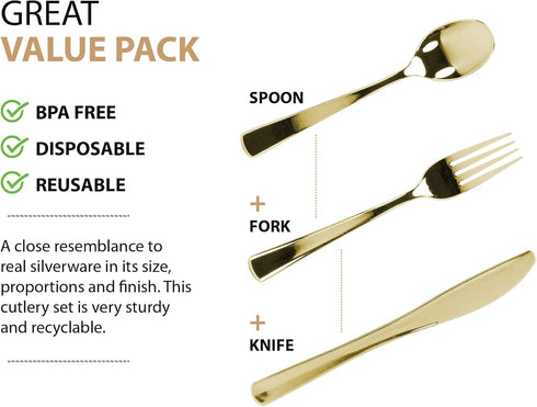 Extra Heavyweight Disposable Plastic Cutlery Silverware Combo, Polished Gold, 160 Count (80 Forks, 40 Spoons, 40 Knives)
