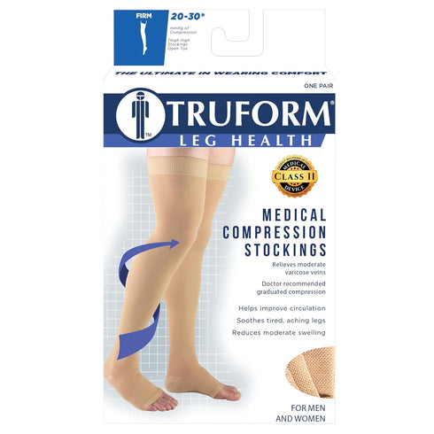 Truform Compression Stockings - 20-30 mmHg Thigh High Length, Dot-Top, Open Toe, Beige, 2X-Large