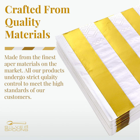SILVER SPOONS Gold Napkins for Wedding Reception - 36 Piece, 5” x 5” 3-ply Cocktail Napkins for Party, Stripe Design