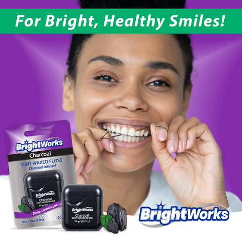 BrightWorks Activated Charcoal Dental Floss - 55 Yards (Pack of 4) - Infused Waxed with Natural Fresh Mint Flavor for