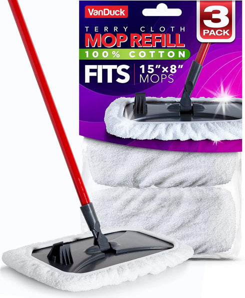 VanDuck 100% Cotton Terry Mop Pads, 15x8 Inches, 3-Pack - Terry Cloth Mop Covers (Handle Not Included)