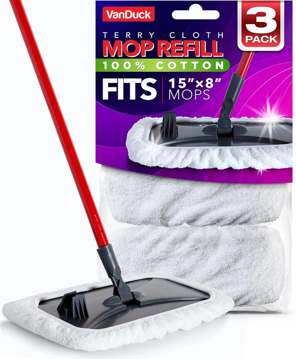 VanDuck 100% Cotton Terry Mop Pads, 15x8 Inches, 3-Pack - Terry Cloth Mop Covers (Handle Not Included)